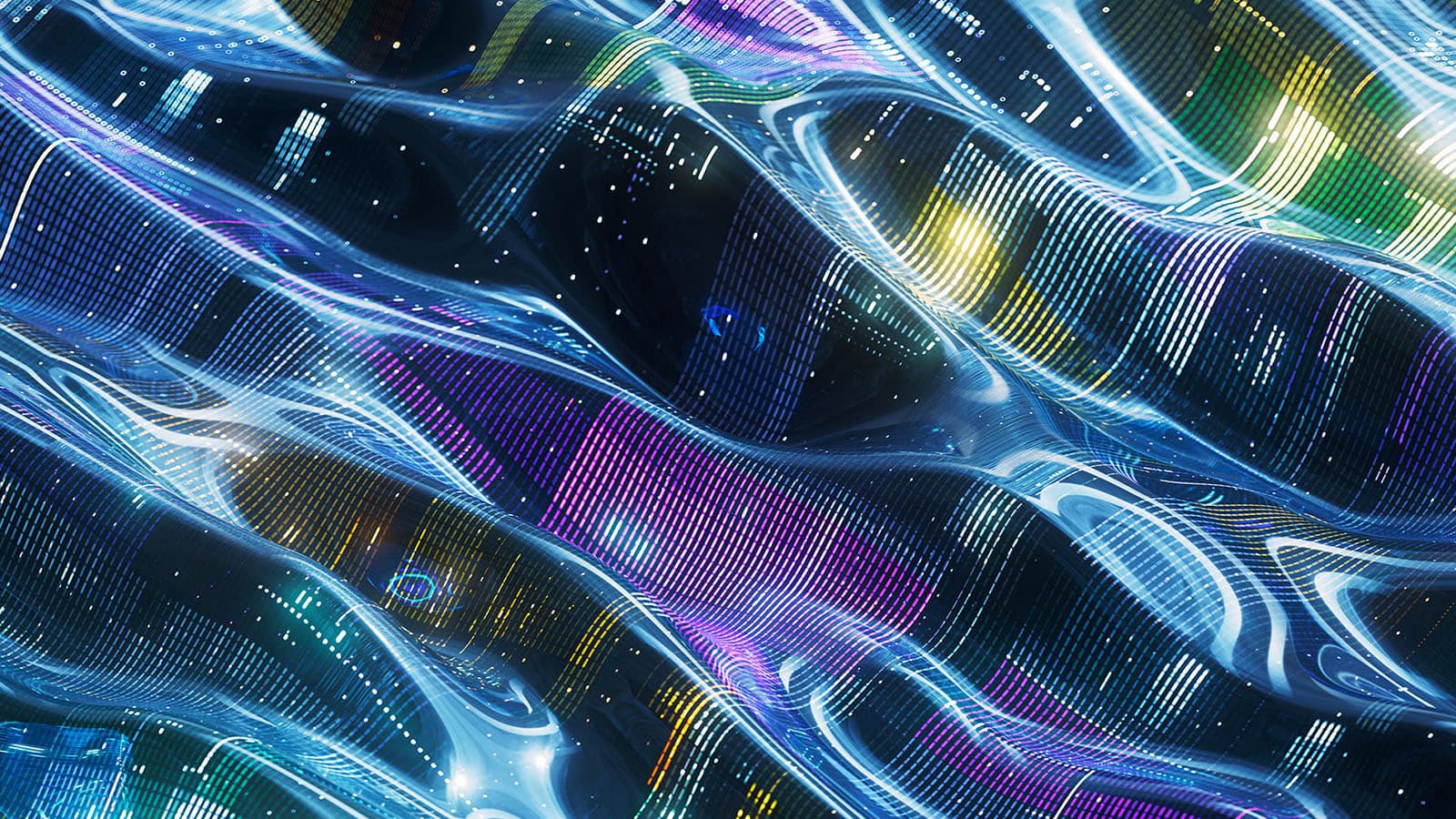Abstract representation of dynamic digital data streams in vibrant blue and purple hues, capturing artificial intelligence concepts with intricate patterns and complex technological networks.
