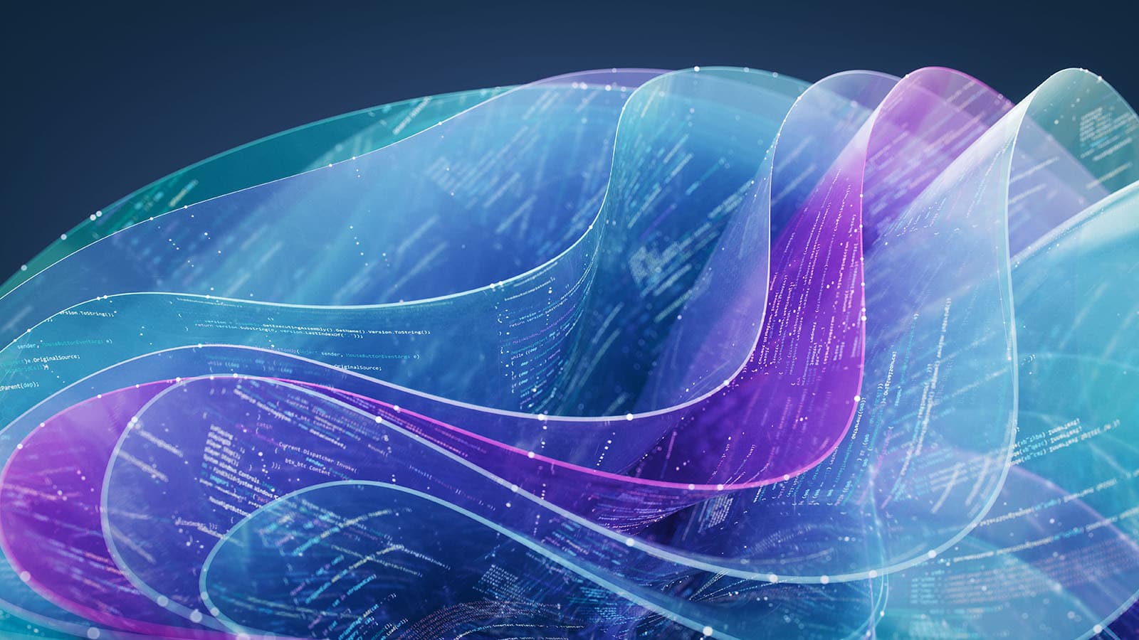 An abstract, digitally-generated image of layered digital sheets of AI coding. Colours are muted blue, purple and green.