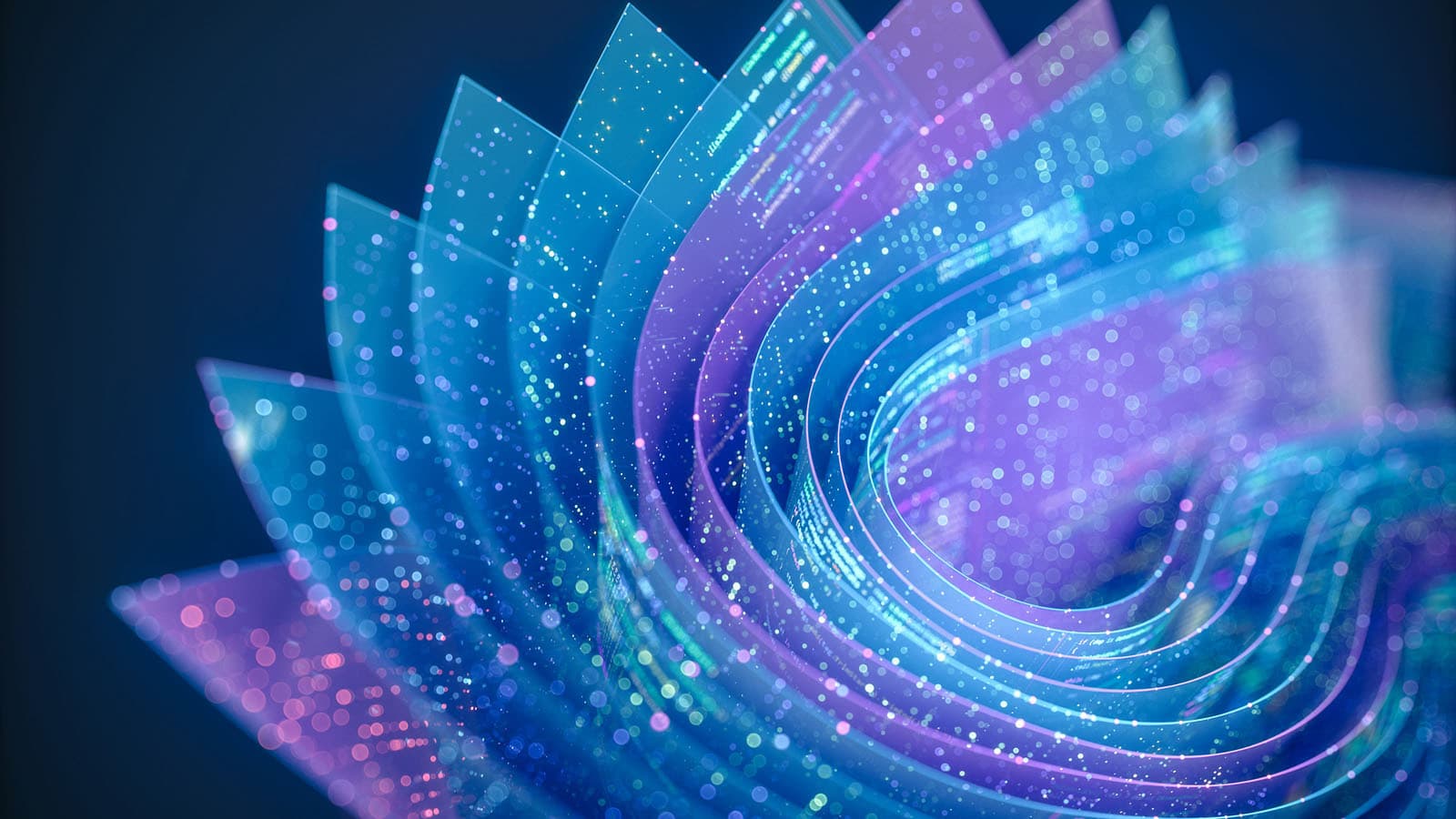 Agentic AI interface with layered data visualisation. Layered semi-transparent purple and blue sheets curl into a spiral, filled with data particles and glowing lines of code. Embedded code patterns and glowing particles suggest a visual metaphor for agentic AI systems and evolving machine autonomy.